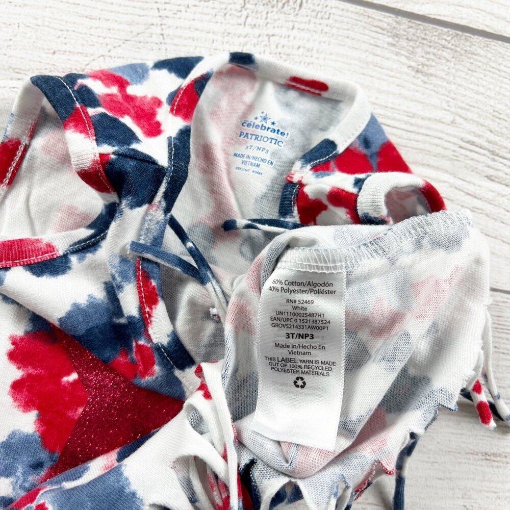Celebrate Girl Patriotic Fringe Tank Top Red White Blue Tie Dye Star Shirt 3T - Picture 2 of 3